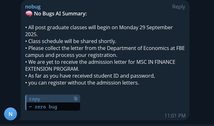 ZeroBug AI Summarizer Telegram Bot screenshot